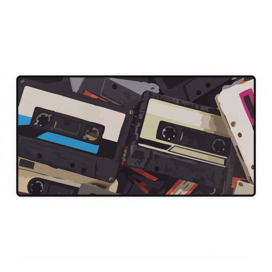 Cassette Tapes Desk Mat with retro design, eco-friendly, durable surface, non-slip base, ideal for protecting desks from scratches and stains.