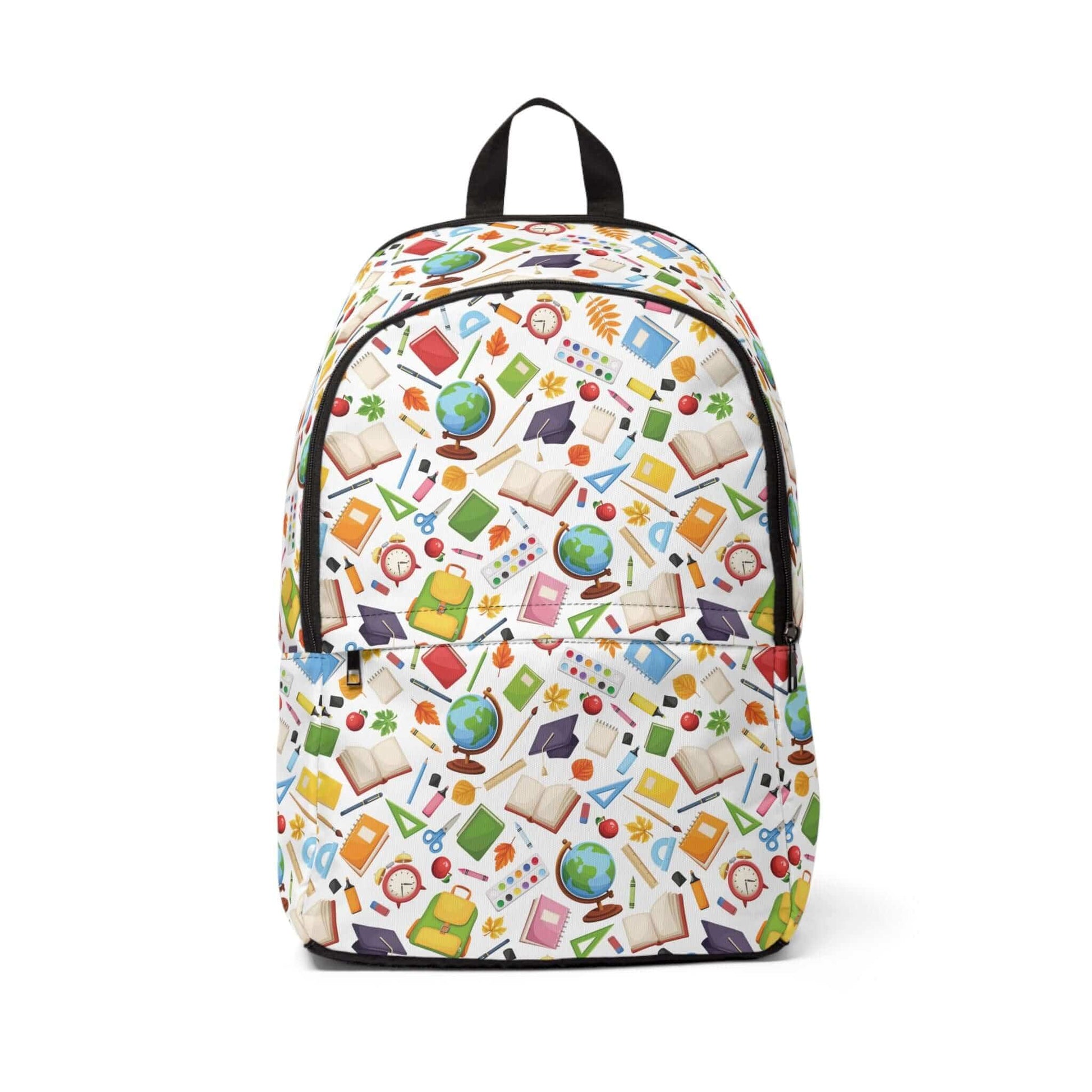 Colorful custom unisex stationery supplies backpack for children and adults, featuring book and globe pattern on white background.