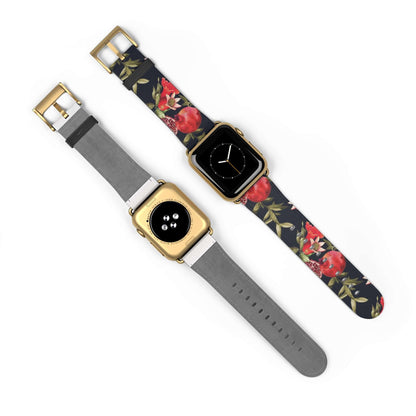 Pomegranate Apple Watch BandEmbrace elegance with our Pomegranate Apple Watch Band. Made from premium, high-quality materials, this luxurious band will elevate your style. With its vibrant red and green colors, it will add a touch of sophistication to any