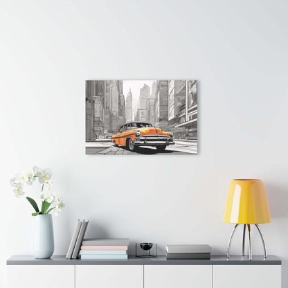 Classic car acrylic print as wall art in a modern living room, showcasing eco-friendly decor.