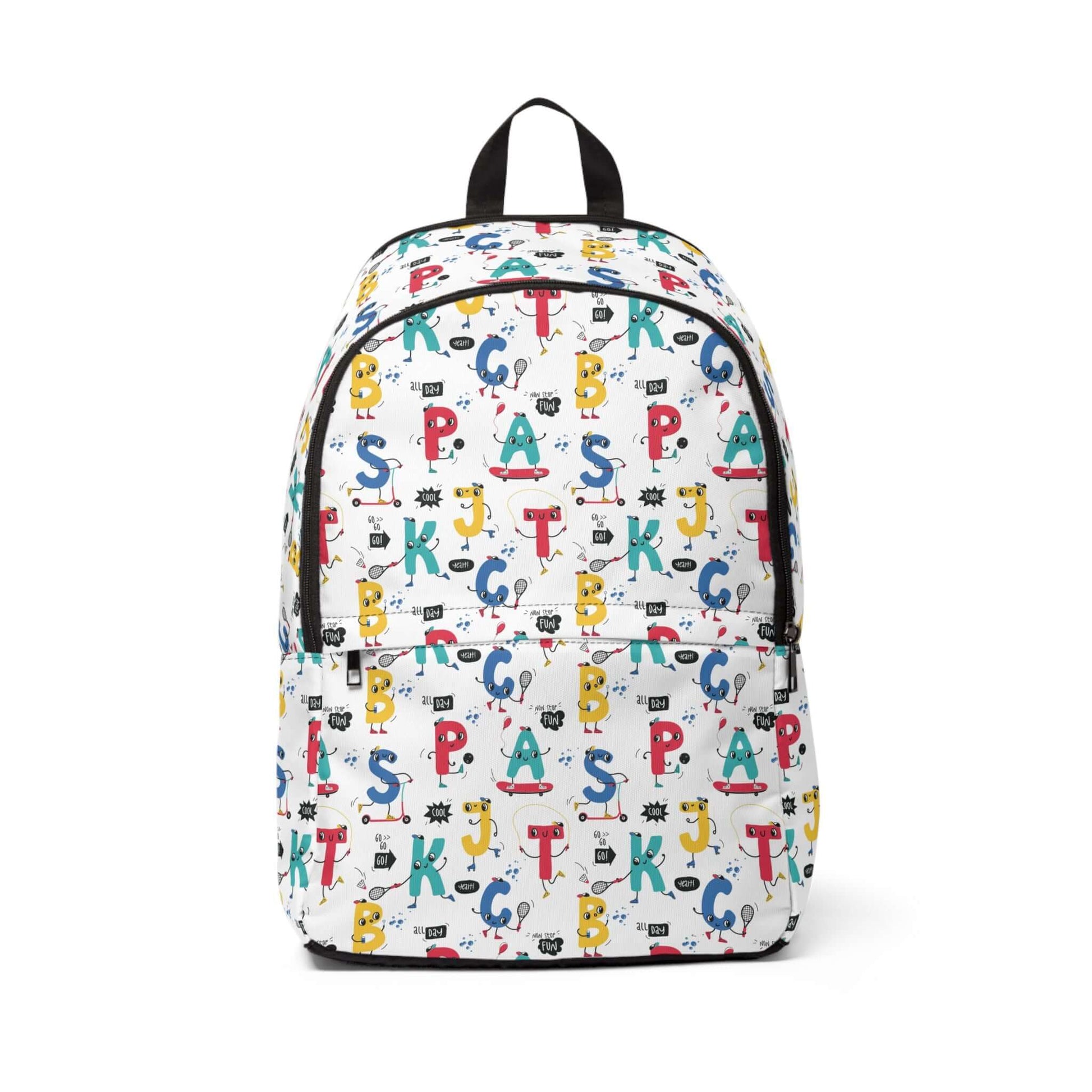 Children`s Happy Letters BackpackThis simple and fashionable backpack is great for school as well as outdoor traveling. Perfect for holding a laptop and many books. Padded back panel and adjustable shoulder straps offer extra comfort and easy carrying, th