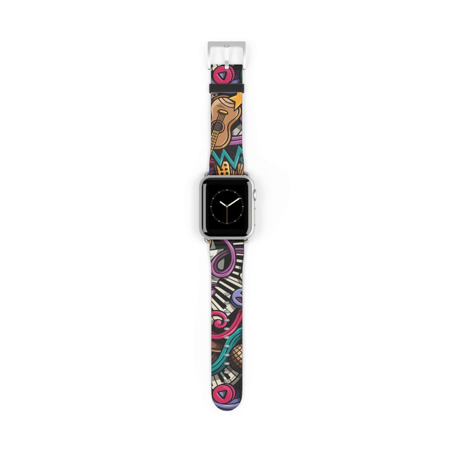 Musical Doodle Apple Watch BandRock out while tracking your steps with the Musical Doodle Apple Watch Band. This funky accessory adds style and functionality to your device. Groove to the beat of your own workout playlist while counting your steps and sta