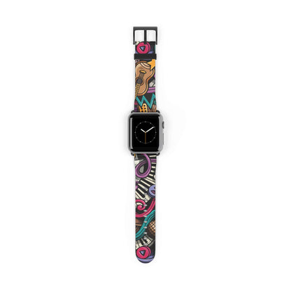 Musical Doodle Apple Watch BandRock out while tracking your steps with the Musical Doodle Apple Watch Band. This funky accessory adds style and functionality to your device. Groove to the beat of your own workout playlist while counting your steps and sta