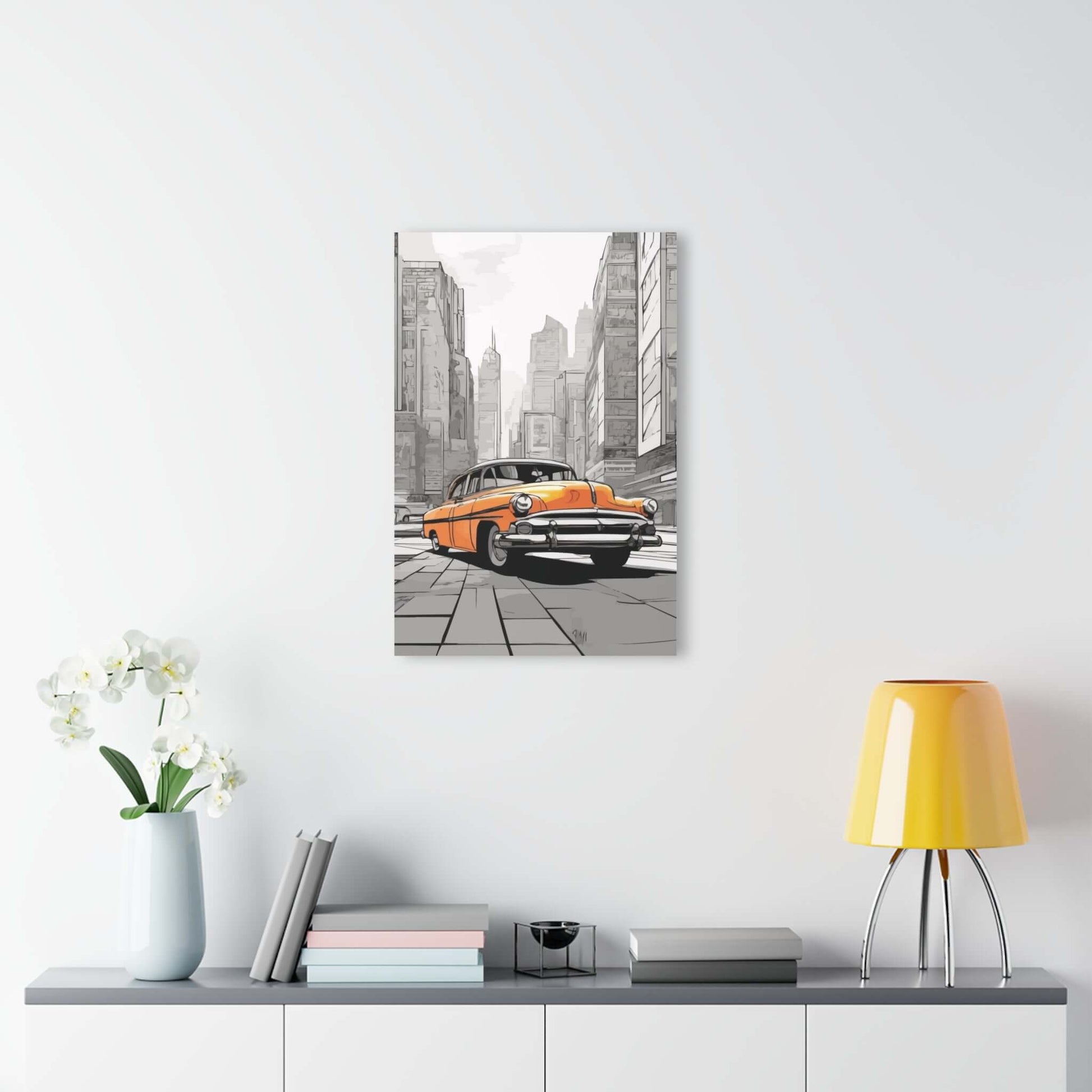 Classic car acrylic wall art with vibrant design, eco-friendly and durable. Perfect decor for enthusiasts, showcasing city backdrop.